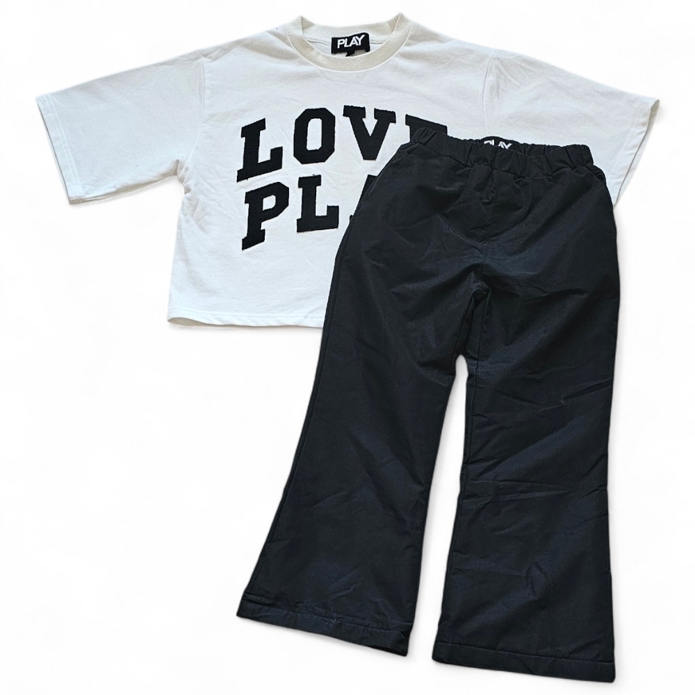 Girls “LOVE PLAY” Graphic Tee & Black Wide-Leg Pants Outfit Set Size 10/11